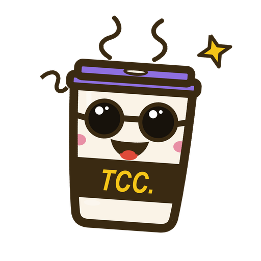 TCC. mascot — coffee cup with sunglasses